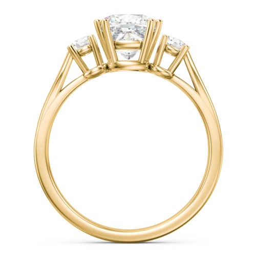 3 Stone Cushion Cut Duchess Ring – 9kt Yellow Gold with White Premium Zirconia and Cubic Zirconia