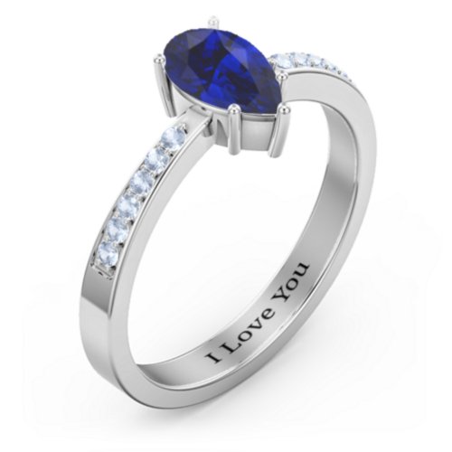 Fancy Pear Shape Ring with Accent band – Sterling Silver with Blue Sapphire and Fancy Blue Premium Zirconia