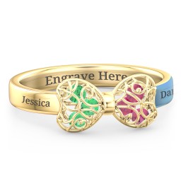 Adorable Bow Cage Ring in 9K Solid Yellow Gold with Emerald and Ruby