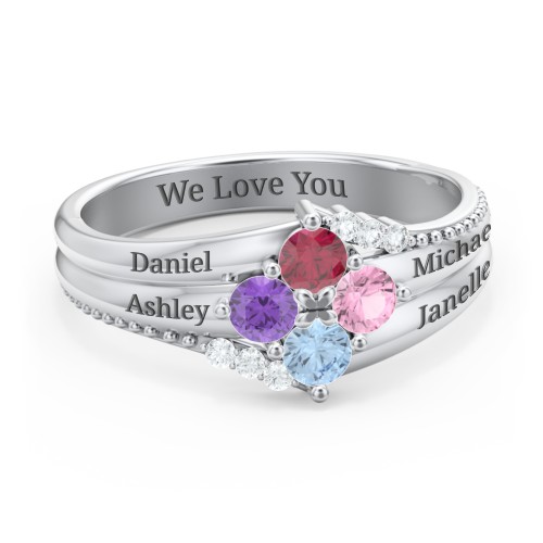 Engravable Triple Band Gemstone
Ring with Accents – Sterling Silver with Ruby, Amethyst, Pink Tourmaline, Blue Topaz, and White Premium Zirconia