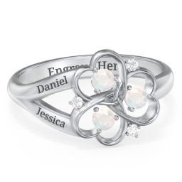 Engravable Intertwined Triple Heart Ring with Gemstones in 925 Sterling Silver with Opal and White Premium Zirconia
