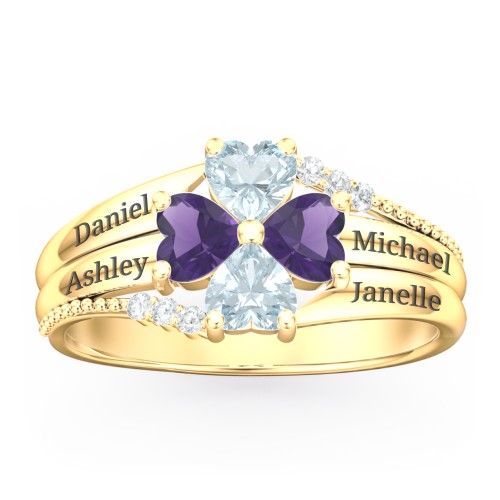 A Mother's Love and Luck Ring – 9kt Yellow Gold with Aquamarine, Amethyst, and White Premium Zirconia