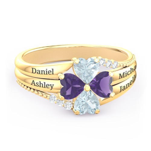 A Mother's Love and Luck Ring – 9kt Yellow Gold with Aquamarine, Amethyst, and White Premium Zirconia