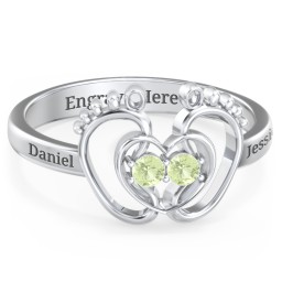 Baby Footprint and Heart Ring with Gemstones in 925 Sterling Silver with Peridot