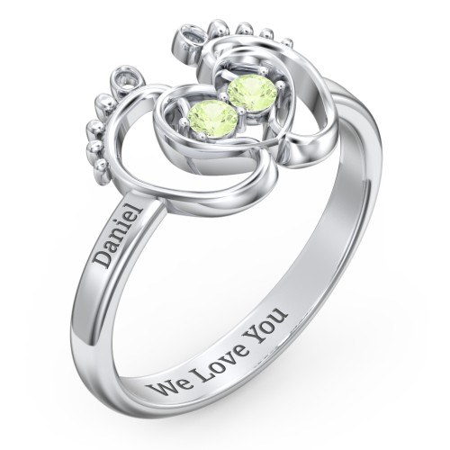 Baby Footprint and Heart Ring with Gemstones – Sterling Silver with Peridot