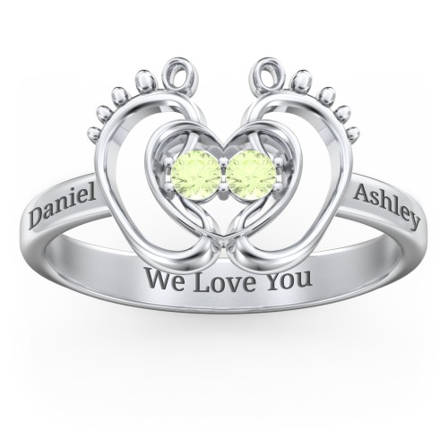 Baby Footprint and Heart Ring with Gemstones – Sterling Silver with Peridot