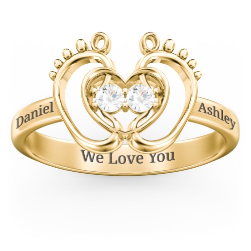 Baby Footprint and Heart Ring with Gemstones – 9kt Yellow Gold with Diamond