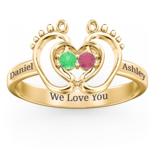 Baby Footprint and Heart Ring with Gemstones – 9kt Yellow Gold with Emerald and Ruby