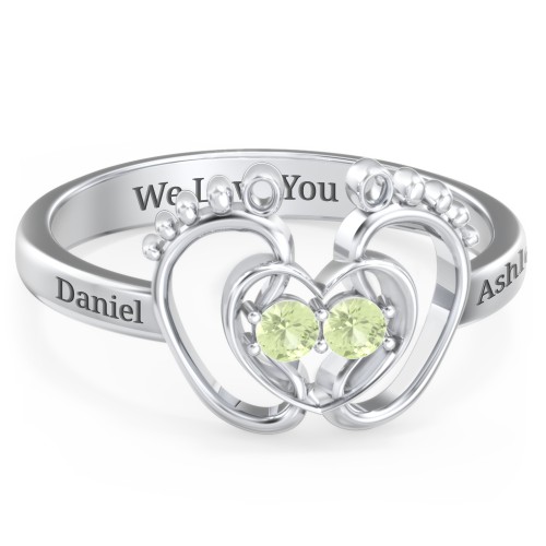 Baby Footprint and Heart Ring with Gemstones – Sterling Silver with Peridot