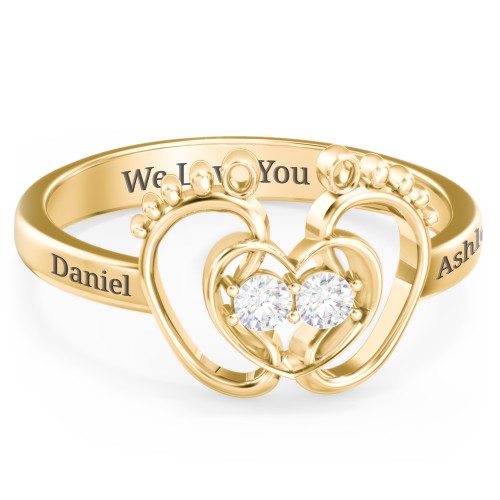 Baby Footprint and Heart Ring with Gemstones – 9kt Yellow Gold with Diamond