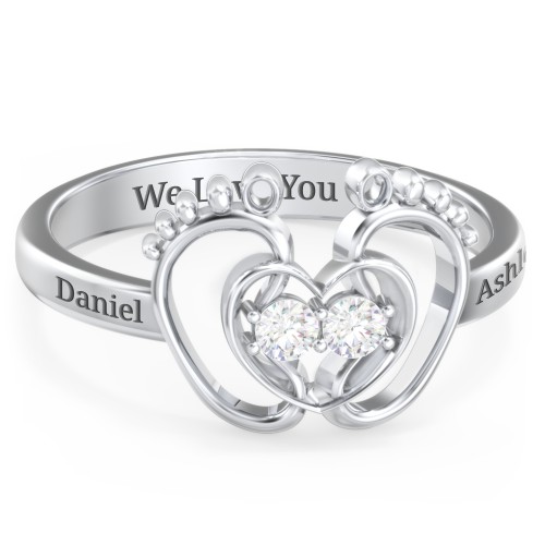 Baby Footprint and Heart Ring with Gemstones – Sterling Silver with Diamond