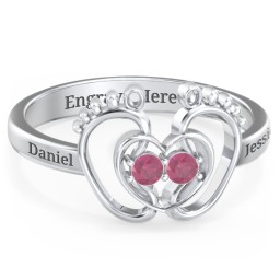Baby Footprint and Heart Ring with Gemstones in 925 Sterling Silver with Ruby