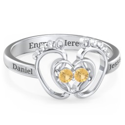 Baby Footprint and Heart Ring with Gemstones in 925 Sterling Silver with Citrine