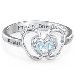 Baby Footprint and Heart Ring with Gemstones in 925 Sterling Silver with Blue Topaz