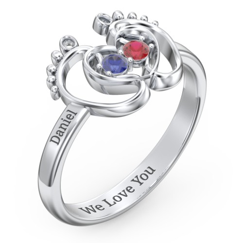 Baby Footprint and Heart Ring with Gemstones – Sterling Silver with Blue Sapphire and Garnet