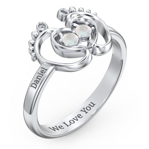 Baby Footprint and Heart Ring with Gemstones – Sterling Silver with Opal