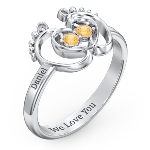 Baby Footprint and Heart Ring with Gemstones – Sterling Silver with Citrine
