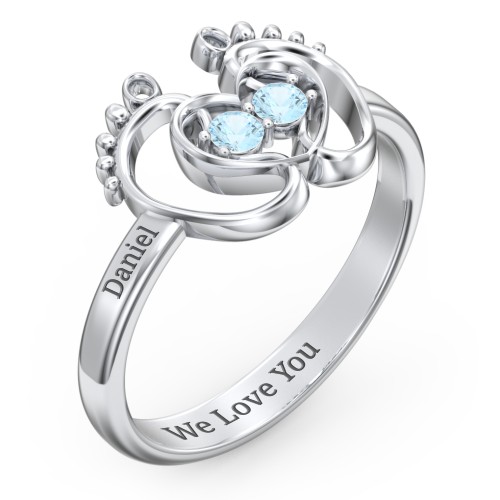 Baby Footprint and Heart Ring with Gemstones – Sterling Silver with Blue Topaz