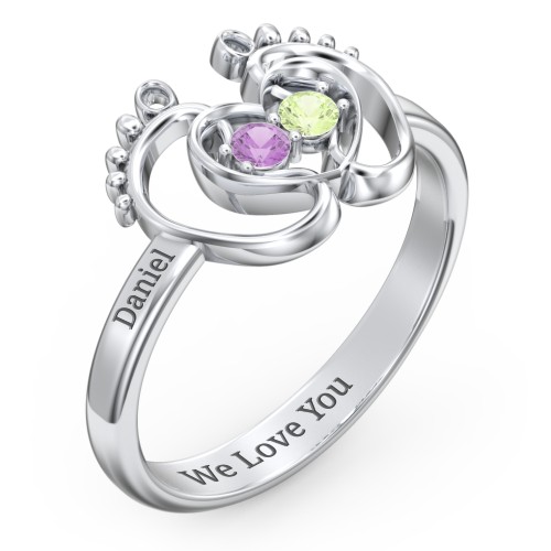 Baby Footprint and Heart Ring with Gemstones – Sterling Silver with Amethyst and Peridot