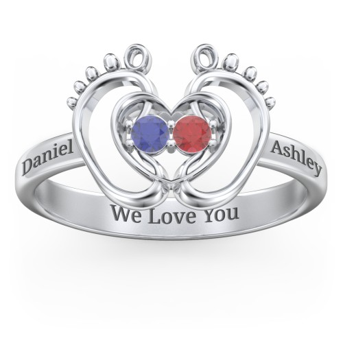 Baby Footprint and Heart Ring with Gemstones – Sterling Silver with Blue Sapphire and Garnet