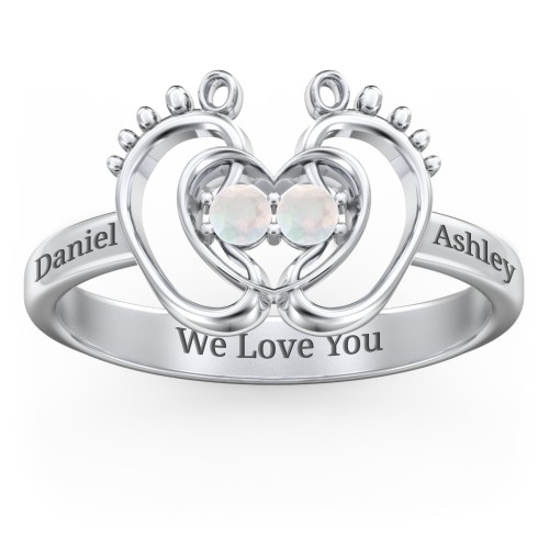 Baby Footprint and Heart Ring with Gemstones – Sterling Silver with Opal