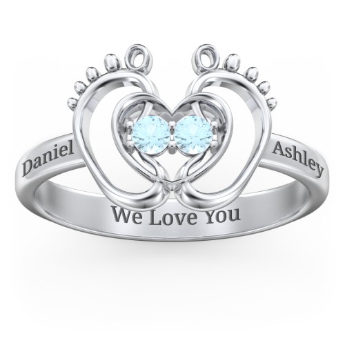 Baby Footprint and Heart Ring with Gemstones – Sterling Silver with Blue Topaz
