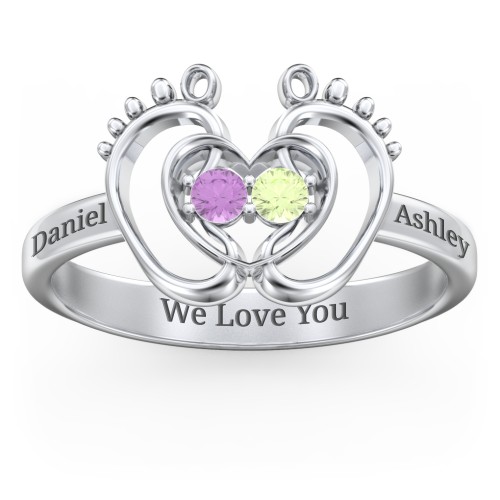 Baby Footprint and Heart Ring with Gemstones – Sterling Silver with Amethyst and Peridot