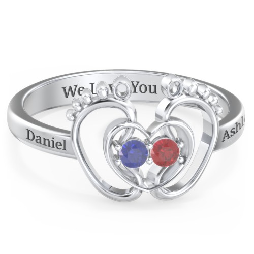 Baby Footprint and Heart Ring with Gemstones – Sterling Silver with Blue Sapphire and Garnet