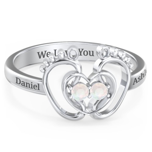 Baby Footprint and Heart Ring with Gemstones – Sterling Silver with Opal