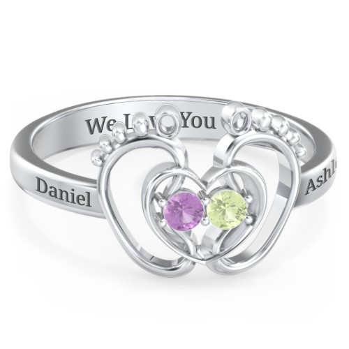 Baby Footprint and Heart Ring with Gemstones – Sterling Silver with Amethyst and Peridot