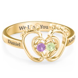 Baby Footprint and Heart Ring with Gemstones in 9K Solid Yellow Gold with Amethyst and Peridot