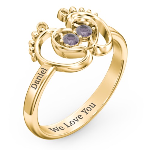 Baby Footprint and Heart Ring with Gemstones – 9kt Yellow Gold with Alexandrite