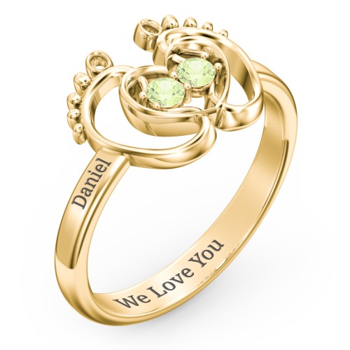 Baby Footprint and Heart Ring with Gemstones – 9kt Yellow Gold with Peridot