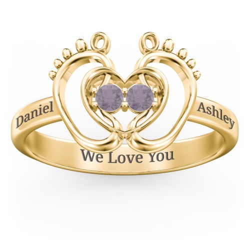 Baby Footprint and Heart Ring with Gemstones – 9kt Yellow Gold with Alexandrite