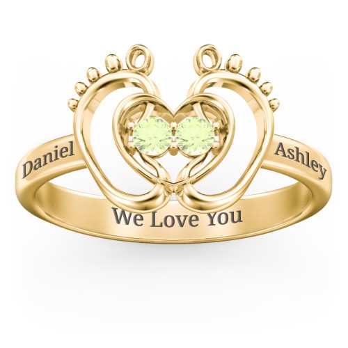 Baby Footprint and Heart Ring with Gemstones – 9kt Yellow Gold with Peridot
