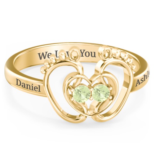 Baby Footprint and Heart Ring with Gemstones – 9kt Yellow Gold with Peridot