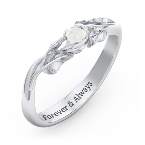 Solitaire Leaf Band Ring – Sterling Silver with Opal