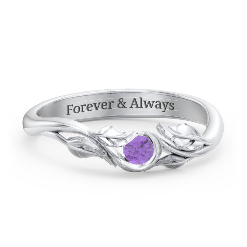 Solitaire Leaf Band Ring – Sterling Silver with Amethyst