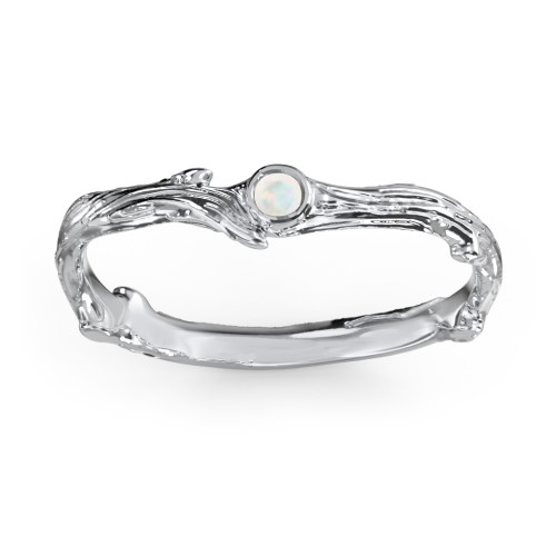 Organic Twig Textured Band with Gemstone – Sterling Silver with Opal