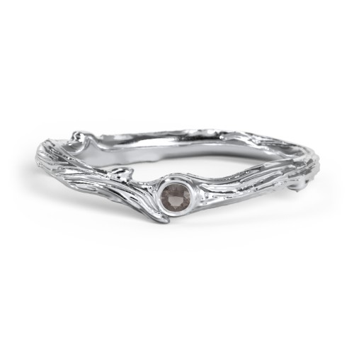 Organic Twig Textured Band with Gemstone – Sterling Silver with Smokey Quartz