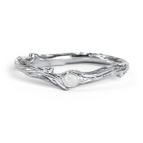 Organic Twig Textured Band with Gemstone – Sterling Silver with Opal