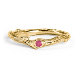 Organic Twig Textured Band with Gemstone in 9K Solid Yellow Gold with Ruby