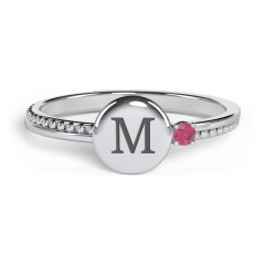 Engravable Disc Ring with Gemstone and Beaded Band