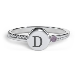 Engravable Disc Ring with Gemstone and Beaded Band