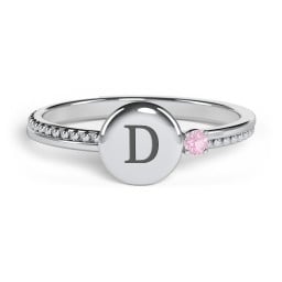 Engravable Disc Ring with Gemstone and Beaded Band