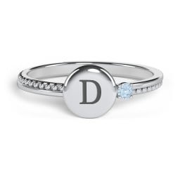 Engravable Disc Ring with Gemstone and Beaded Band