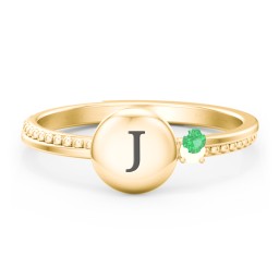 Engravable Disc Ring with Gemstone and Beaded Band