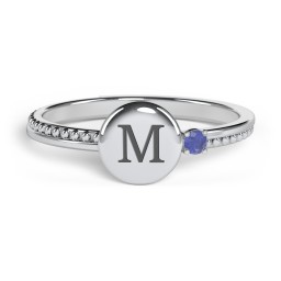 Engravable Disc Ring with Gemstone and Beaded Band