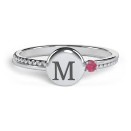 Engravable Disc Ring with Gemstone and Beaded Band