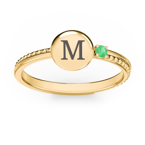Engravable Disc Ring with Gemstone and Beaded Band – 9kt Yellow Gold with Emerald